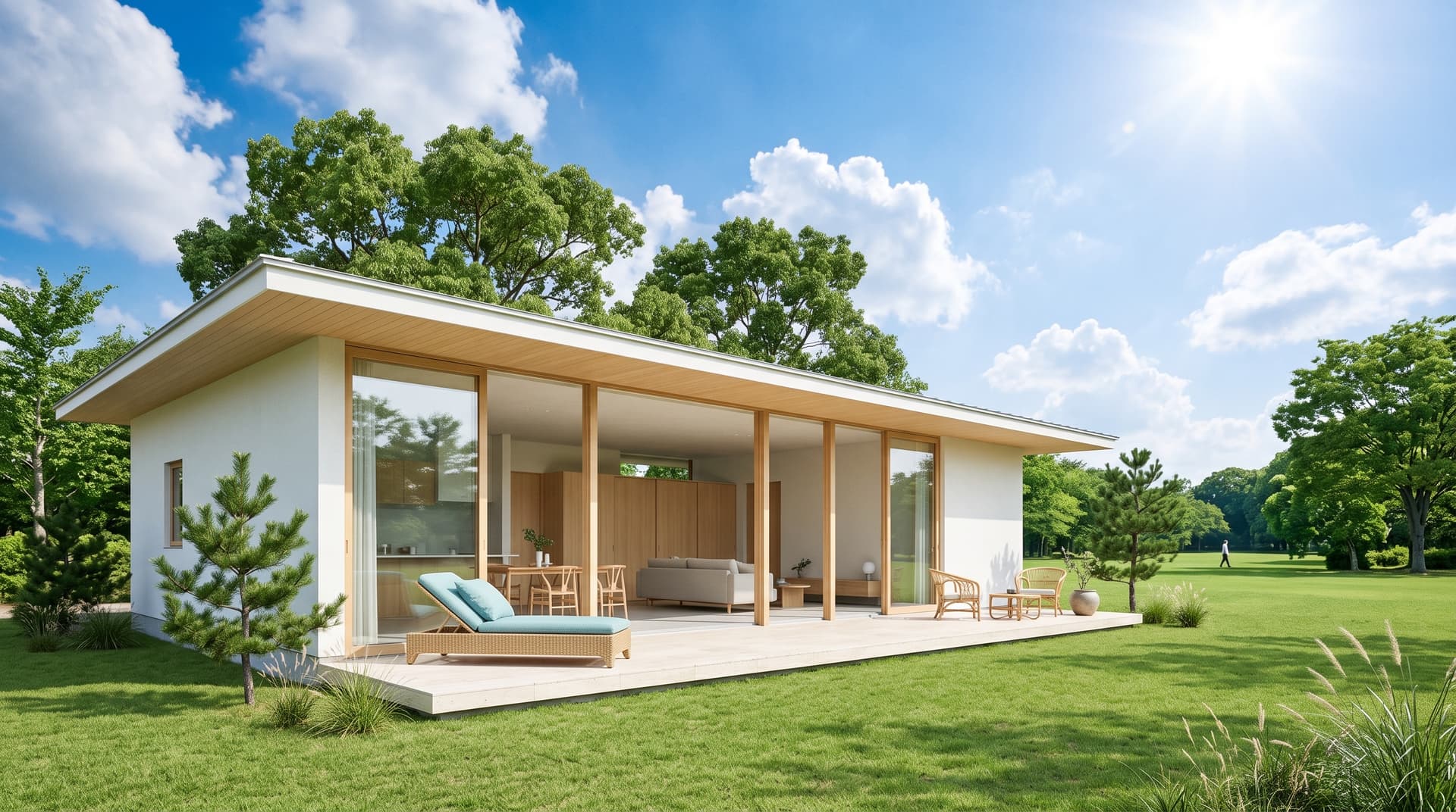 春日公園の緑を背にした平屋モデルハウス外観